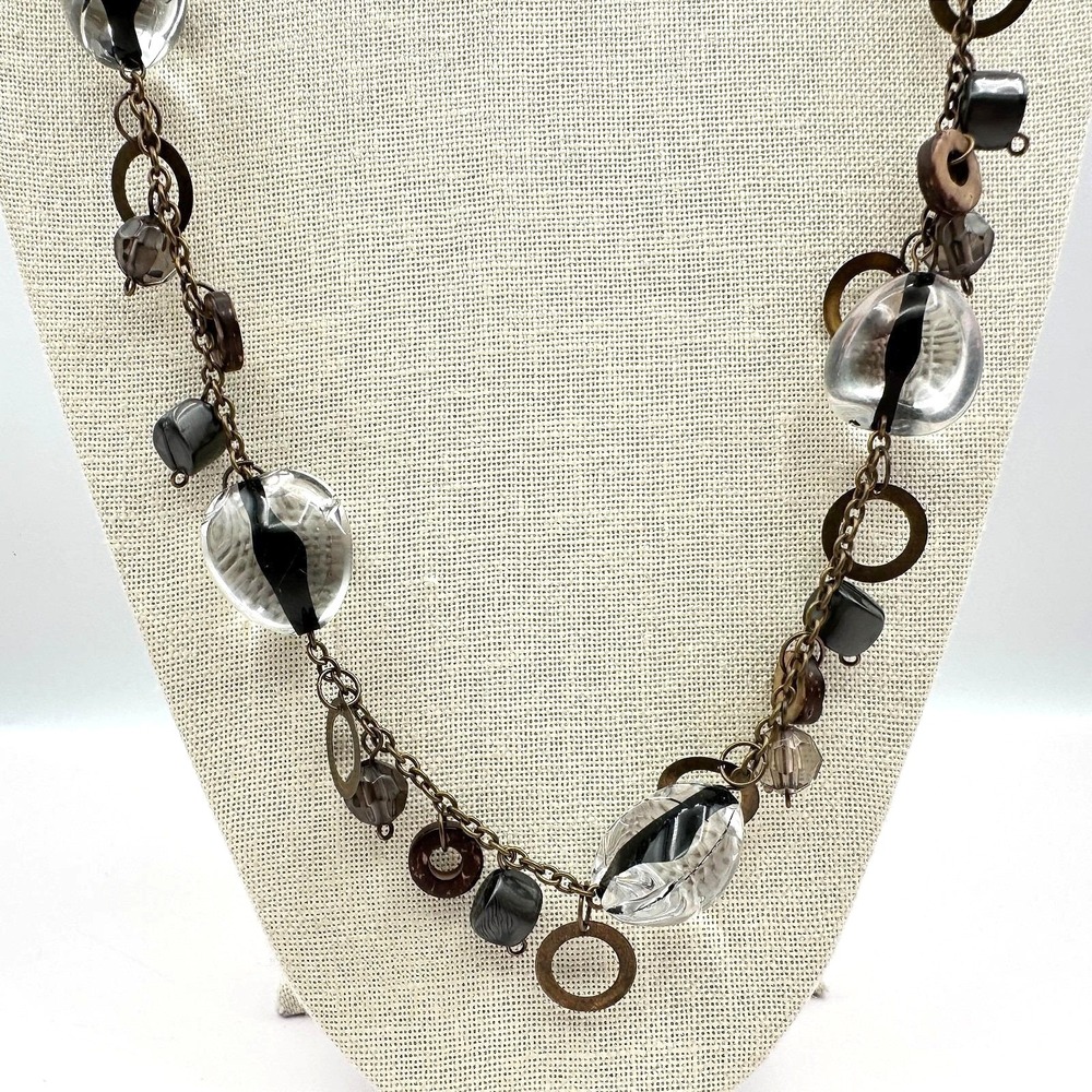 Vintage 80s Beaded Station Necklace Bronze Tone Boho Women's Classic Jewelry Y2K